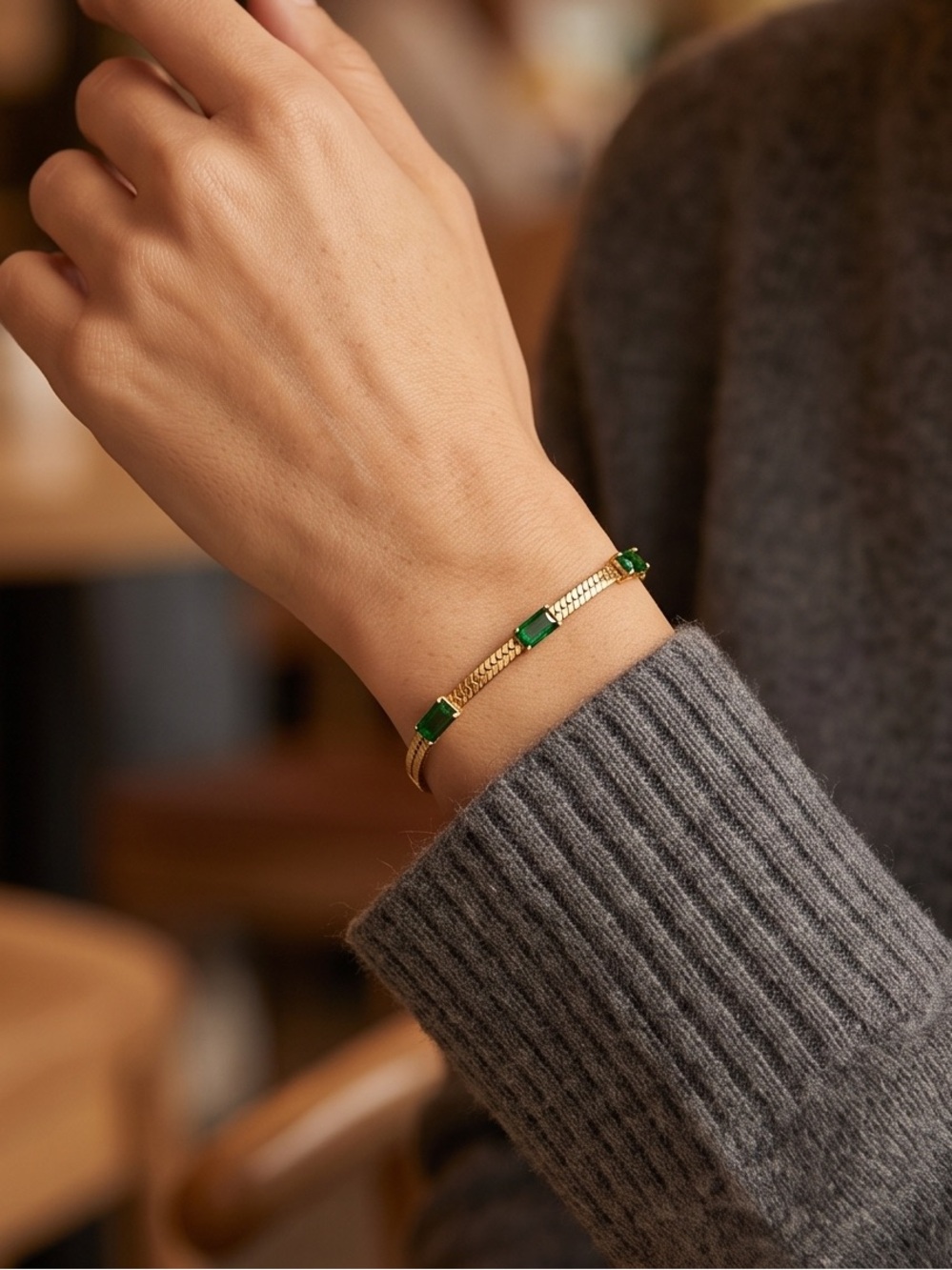 Gold Bracelet with Green Gem Accents - Women's Jewelry 6.5 - 8.7 inch adjustable
